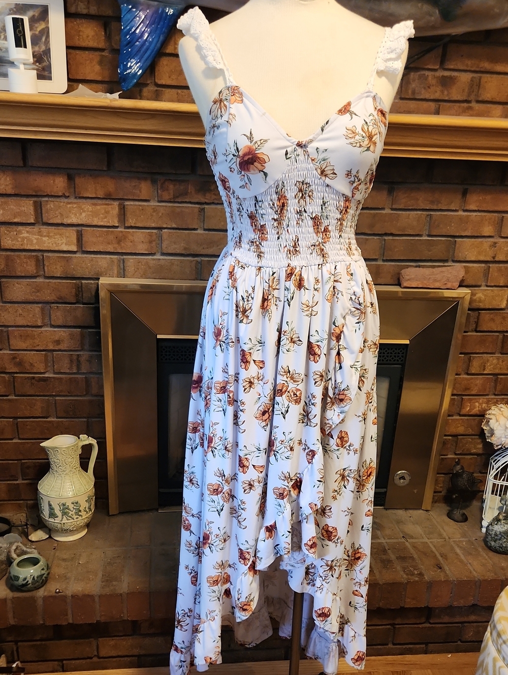 Cottagecore Peasant Smocked Floral Eyelet Straps Sundress Hi Lo Ruffled Y2K